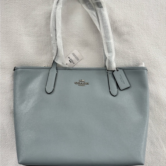 Coach Handbags - Coach Sky Blue Leather Zip Top Tote Bag